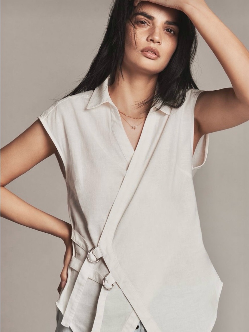 Pilcro Sleeveless Wrap Blouse in Light Cream